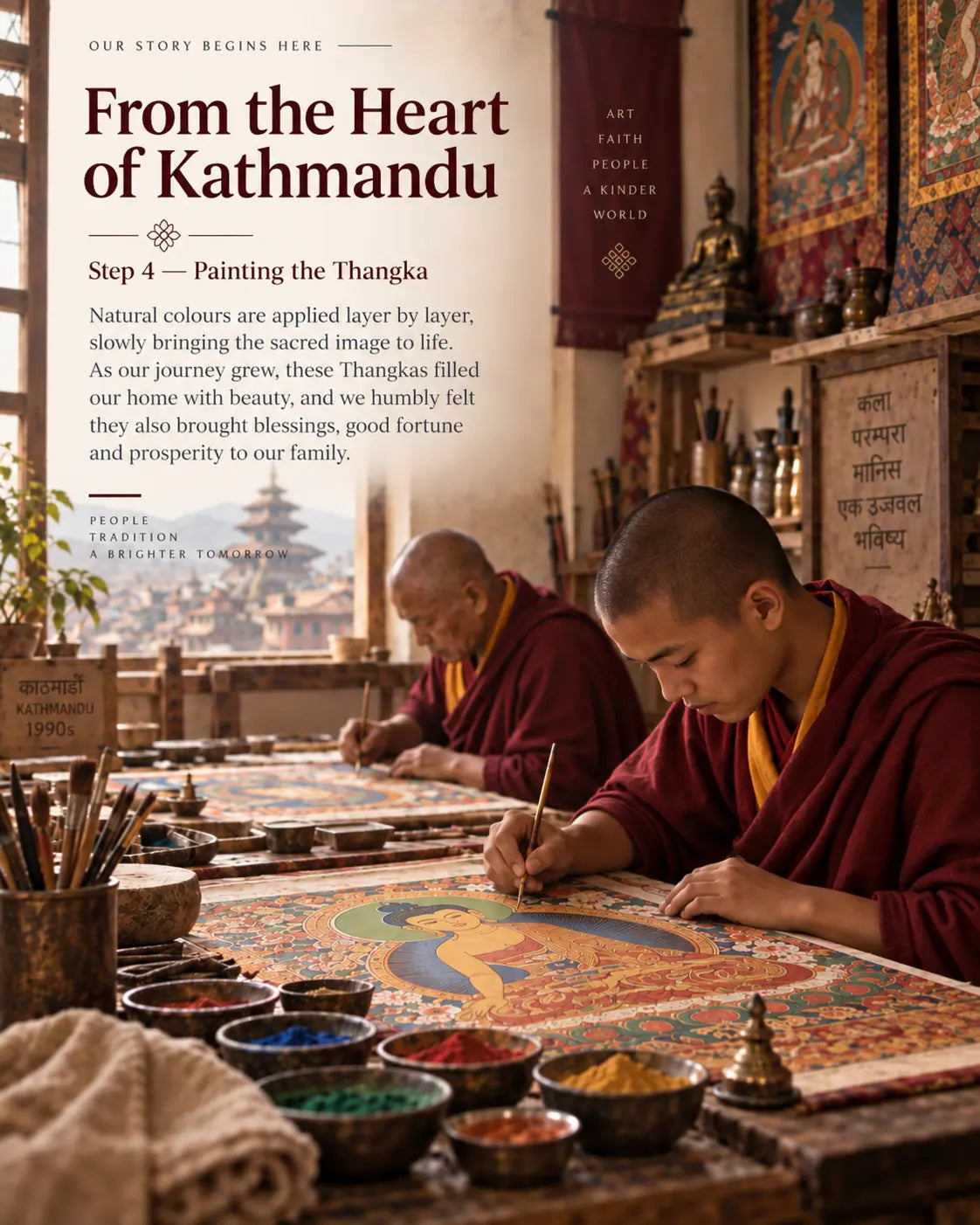 Applying natural colours to a hand-painted Thangka